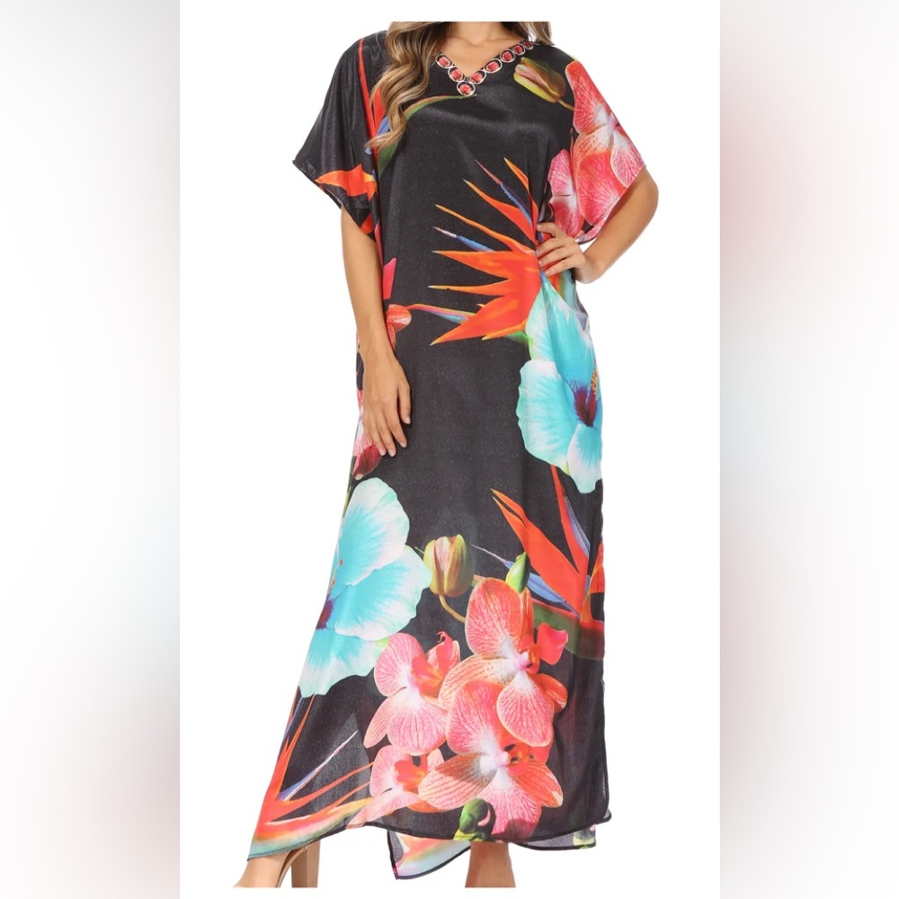 WINLAR KAFTANS -Women's Short Sleeve Printed Beach Maxi Caftan Dress - Picture 3 of 13